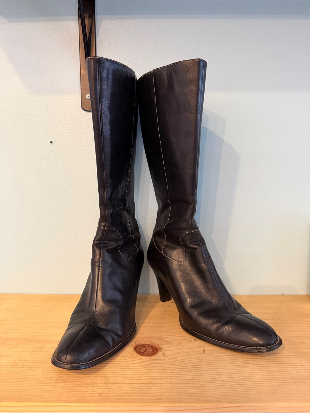 Anne Klein Classic Black Leather Mid-Calf Heel Boots